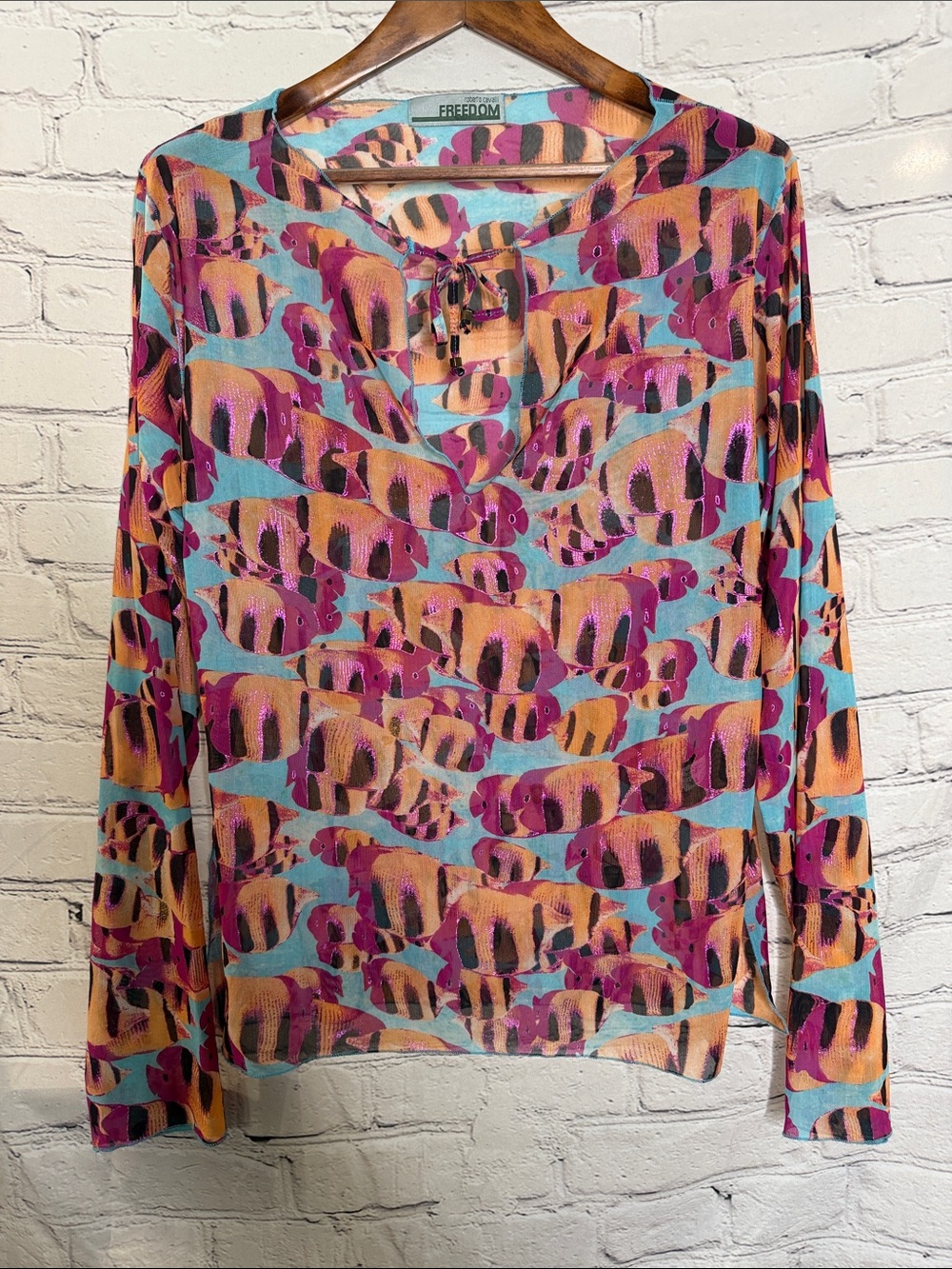 Robert Cavalli Freedom Fish Print Tie-Neck Blouse - Turquoise, Pink & Orange